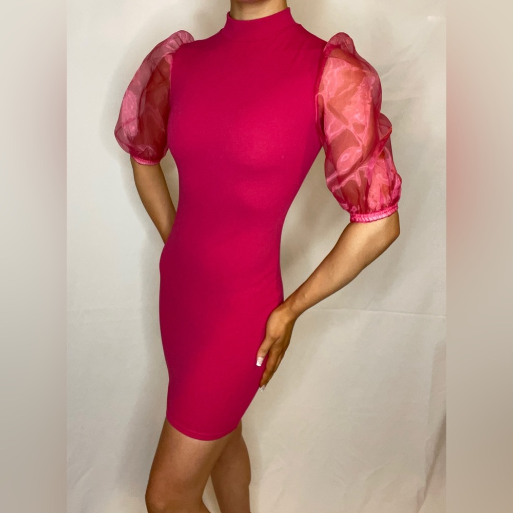 Boohoo Organza Puff Sleeve Mini Dress- Pink💓